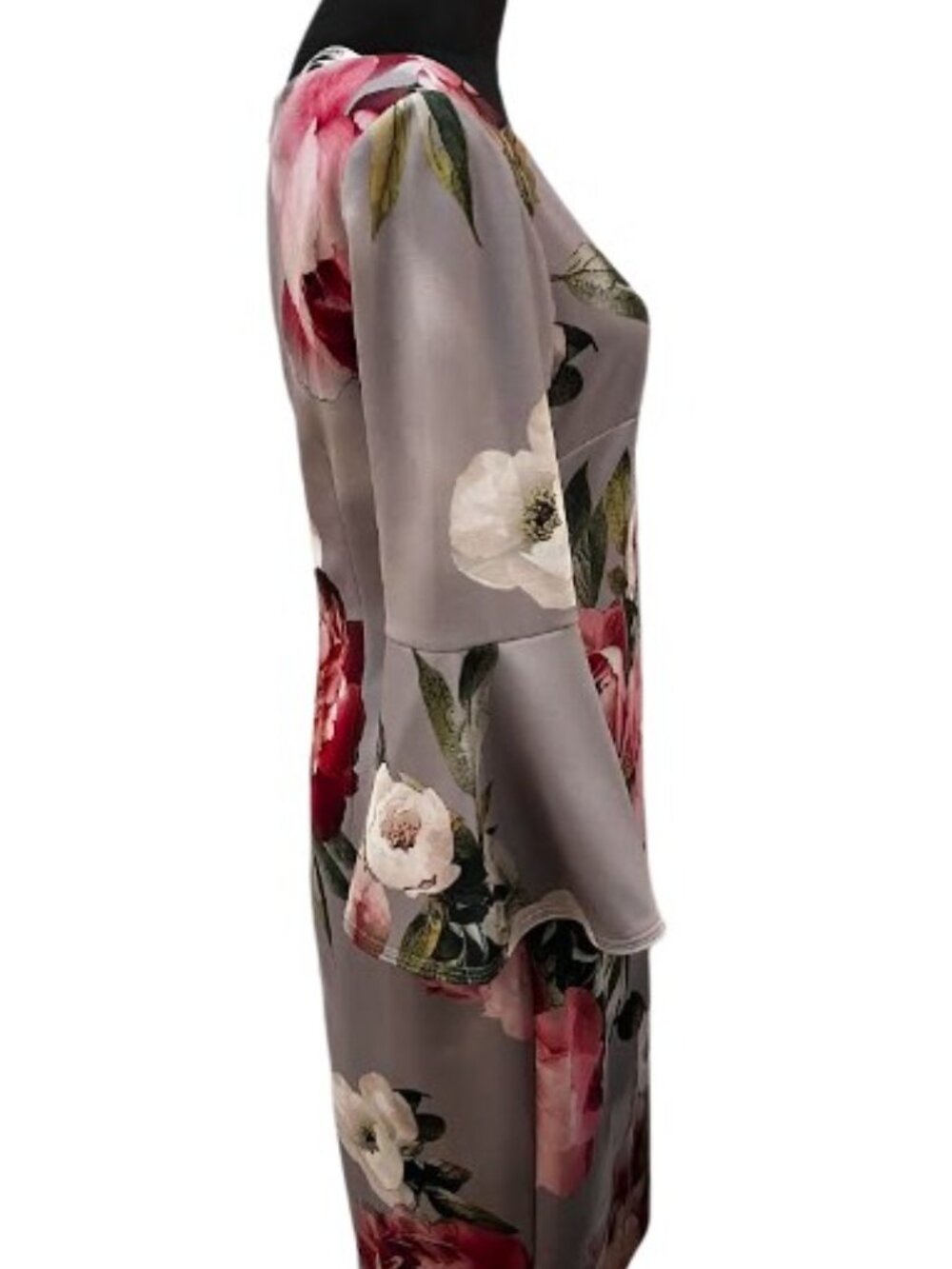 Calvin Klein Gray and Pink Floral Bell Sleeve Midi Sheath Dress  Size 8 Like New - Picture 4 of 13